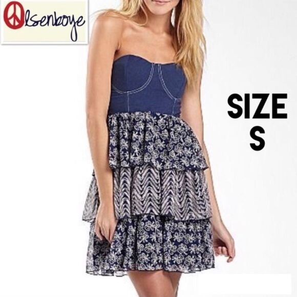 Olsenboye Denim Strapless Bustier Dress with Layers - M - Picture 1 of 16